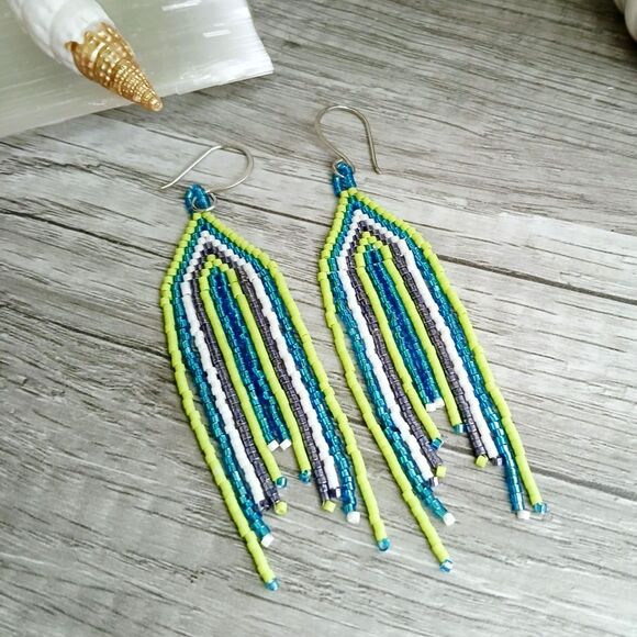 Handmade Jewelry - Boho Chic Beaded Cascade Fringe Dangle Earrings, Seed Bead Jewelry, 3.75"